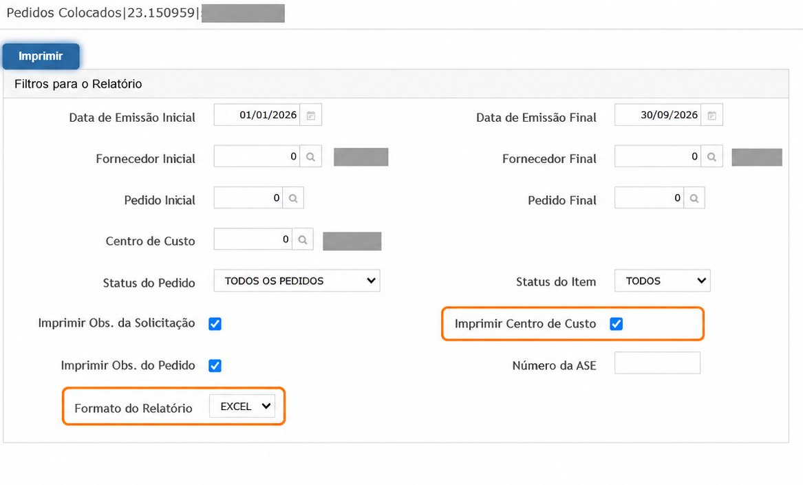 Filtros do Relatório de Pedidos Colocados com a opção Imprimir Centro de Custo