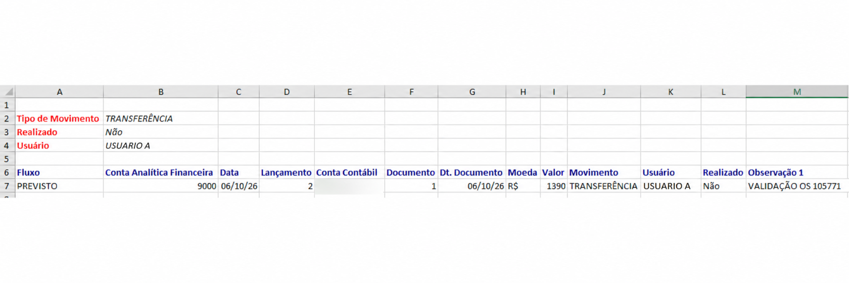 Excel com a transferência do usuário logado