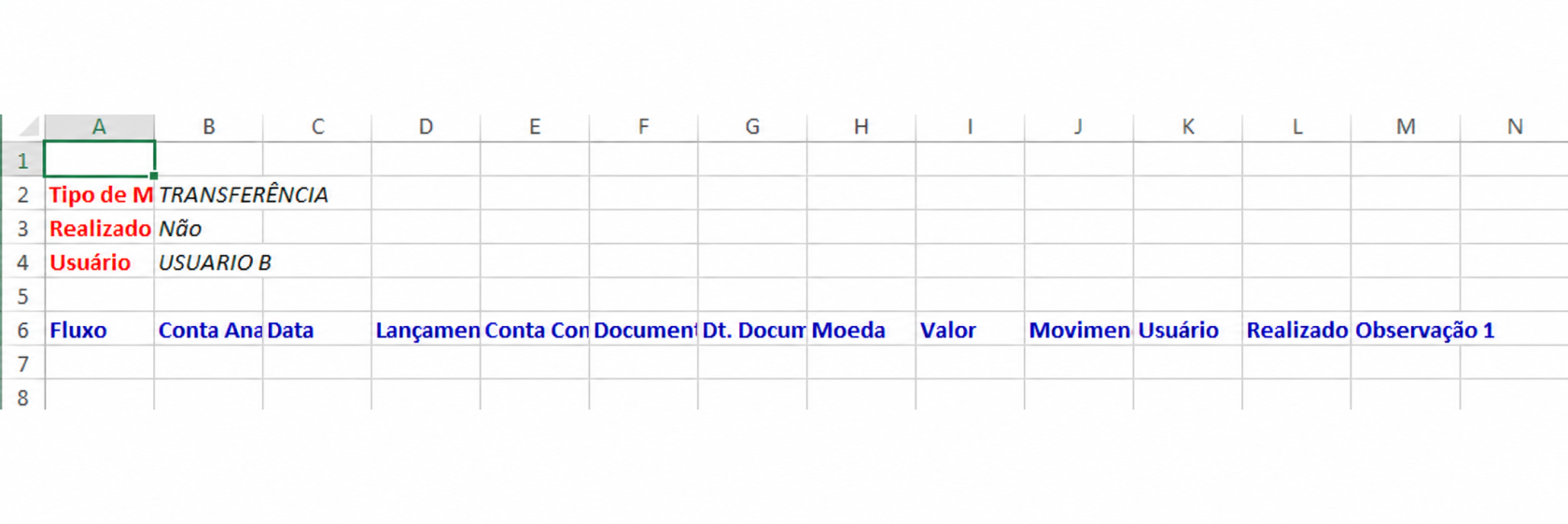 Excel sem transferências de outros usuários